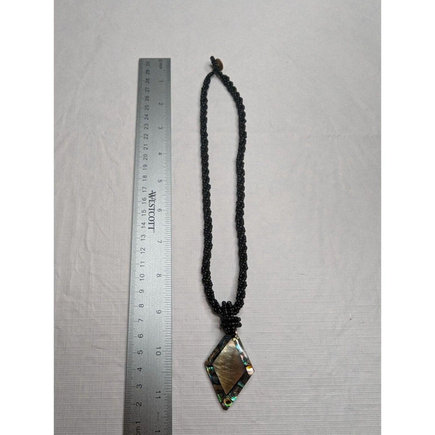 Vintage Onyx Black Beaded Rope Necklace w Mother of Pearl Pendant Southwestern