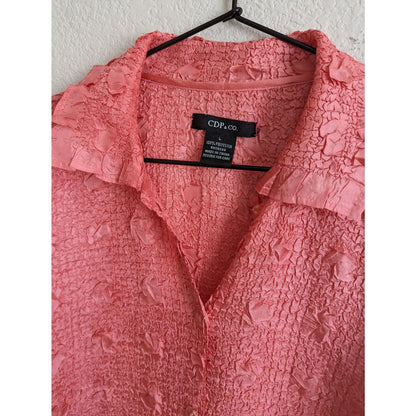 Vintage CDP & Co Womens Sz L Long Sleeve Collared Crinkle Blouse Pink