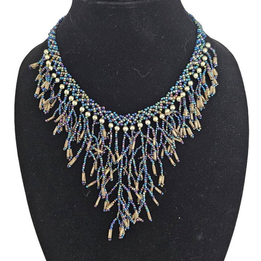 Vintage Seed Bead Fringe Statement Piece Necklace Metallic Beads  Estate