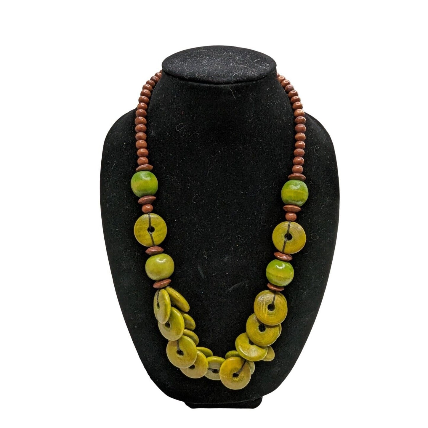 Vintage 1970s Wooden Beaded Necklace Brown and Lime Green Disk Beads