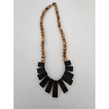 Vintage 1970s Primitive Bib Style Necklace Black Beige Statement