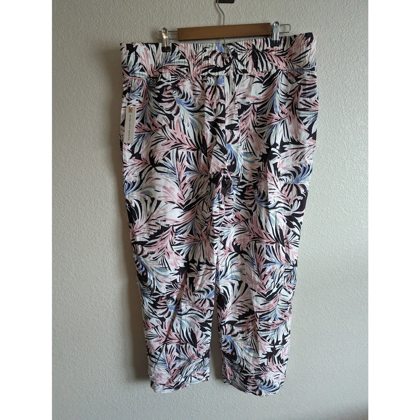 Land N Sea Womens Sz XL Pull On Washable Linen Pants Floral Pink Black NEW