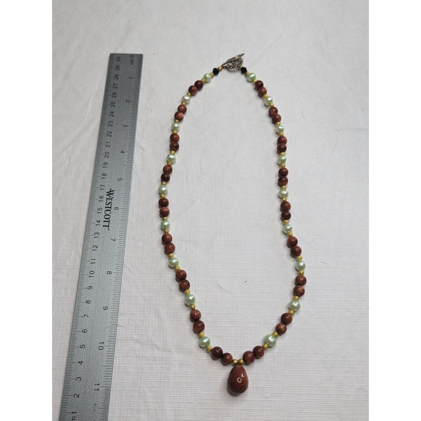 Vintage Single Strand Glass Beaded Necklace Glitter Stone Round w/ Small Pendant