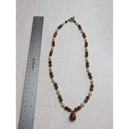 Vintage Single Strand Glass Beaded Necklace Glitter Stone Round w/ Small Pendant