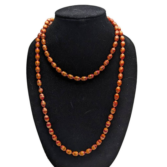 Vintage Mid Century Single Strand Wooden Beaded Necklace Orange Art To Wear