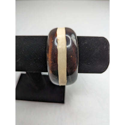 Vintage Mid Century Brass and Wood Bangle Bracelet Brown Ivory