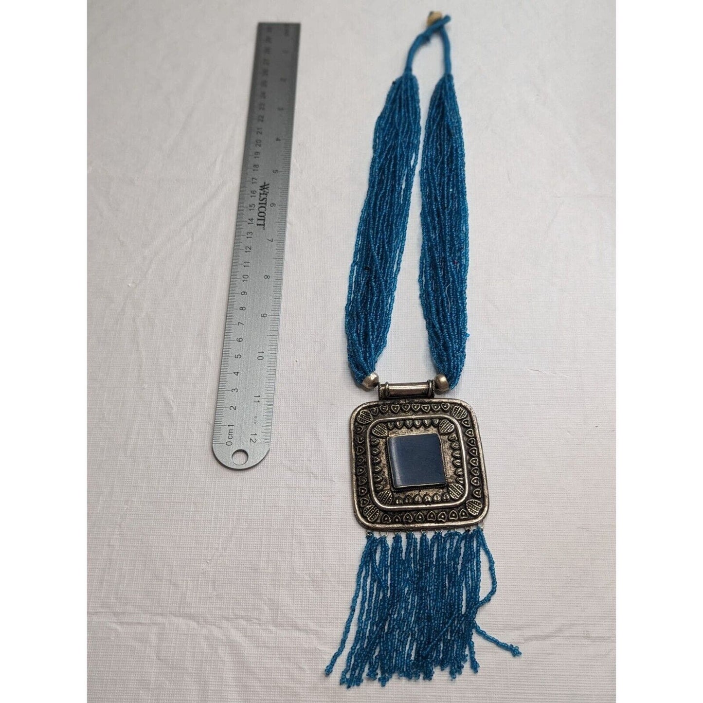 Vintage Elegant Seed Bead Layered Strand Necklace Blue Tassel Silver Pendant