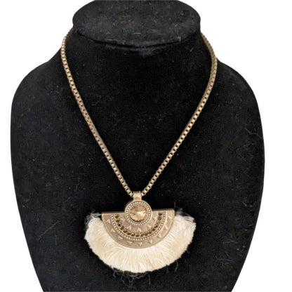 White House Black Market Gold Tone Fan Statement Necklace Fringe Boho