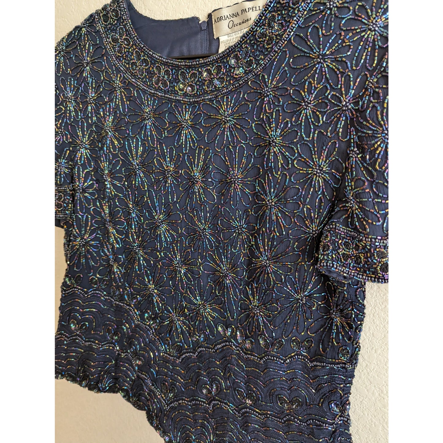 Adrianna Papell Occasions Womens Sz 10 100% Silk Fully Beaded Blouse Navy Blue