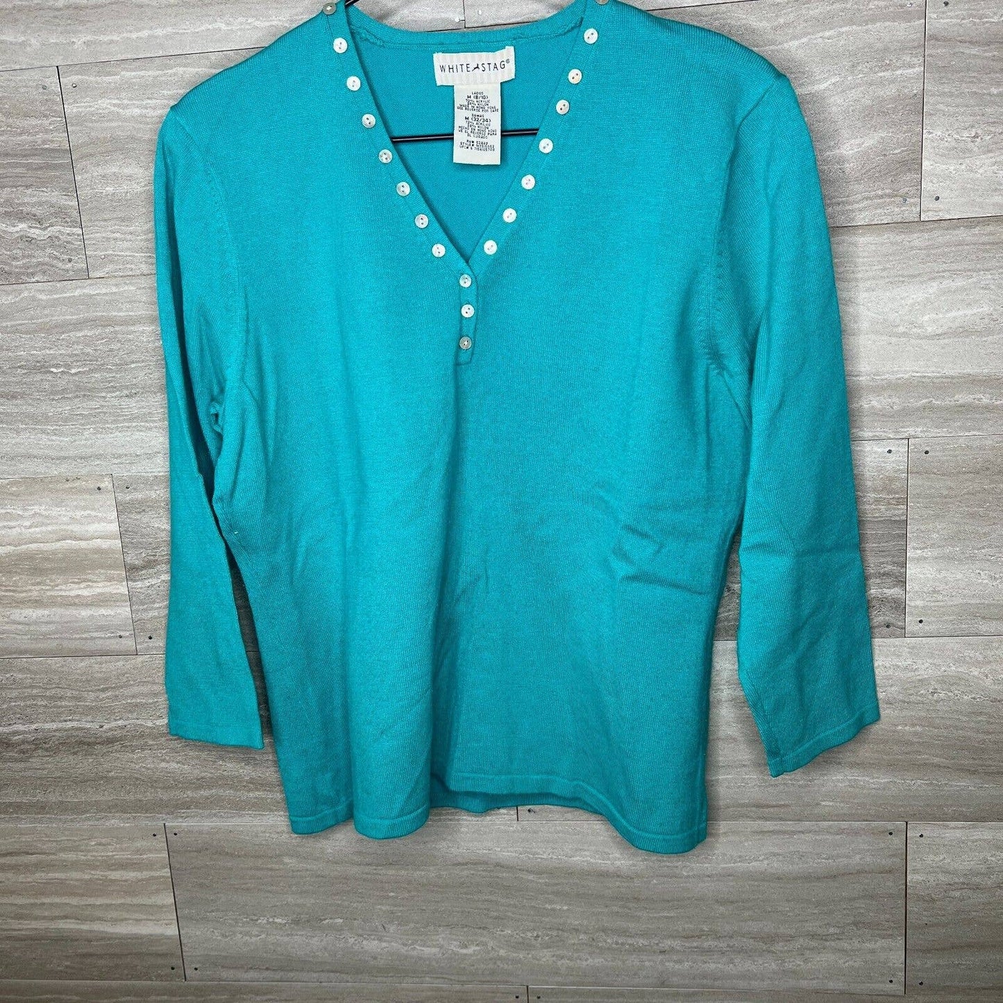 Vintage blanco ciervo mujeres Sz MV cuello verde azulado blusa botón escote