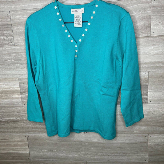 Vintage White Stag Womens Sz M V Neck Teal Blouse Button Neckline