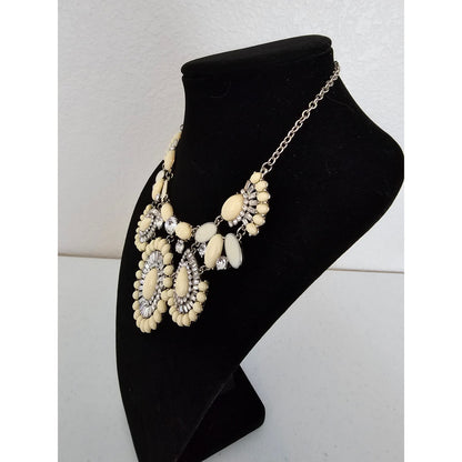 Vintage Y2K Art Deco Style Bib Necklace Bold Flowers Cream w/ Rhinestones