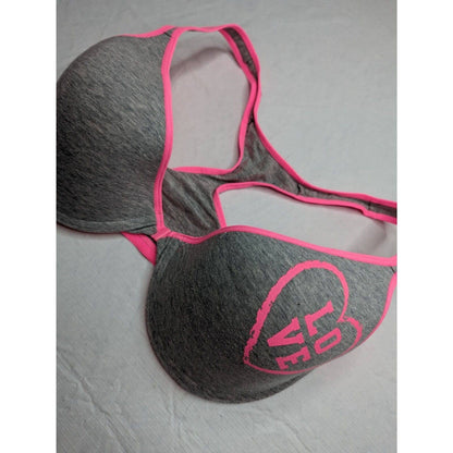 Fruit of the Loom Sz 36DD Front Clasp T Shirt Bra Gray Pink Cotton Heart