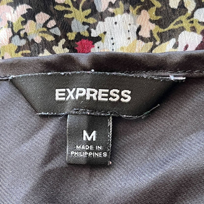 Express Womens Sz M Chiffon Floral Knee Length Dress Black Gold
