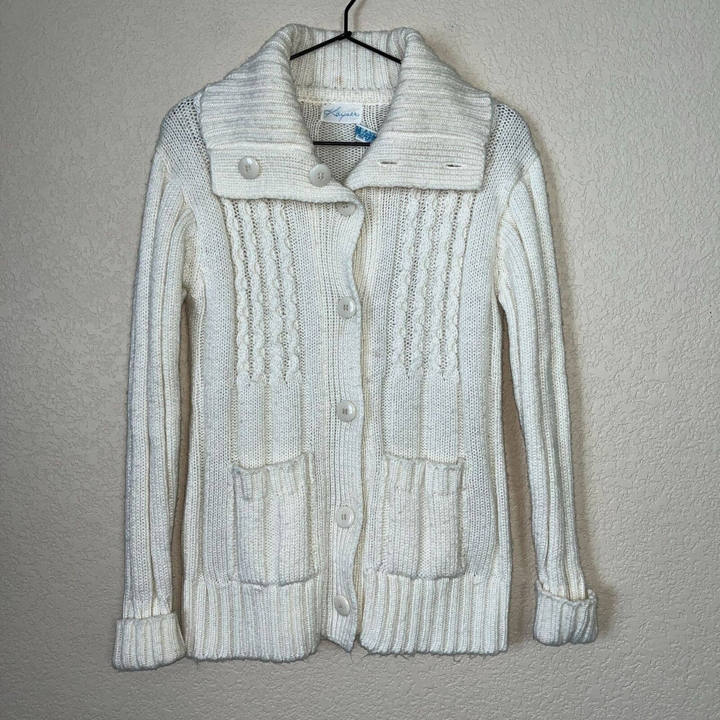 Vintage Kayser Womens Sz L Button Up Cardigan Sweater Ivory White