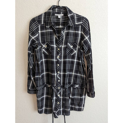 Old Navy Womens Sz S Long Sleeve Tunic Length Button Up Black White Plaid