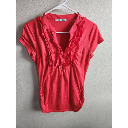 Maurices Womens Sz M Short Sleeve Ruffled Front T Shirt Dark Coral