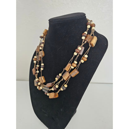 Vintage Mid Century Brown Wood Wooden Multi Strand Beaded Necklace