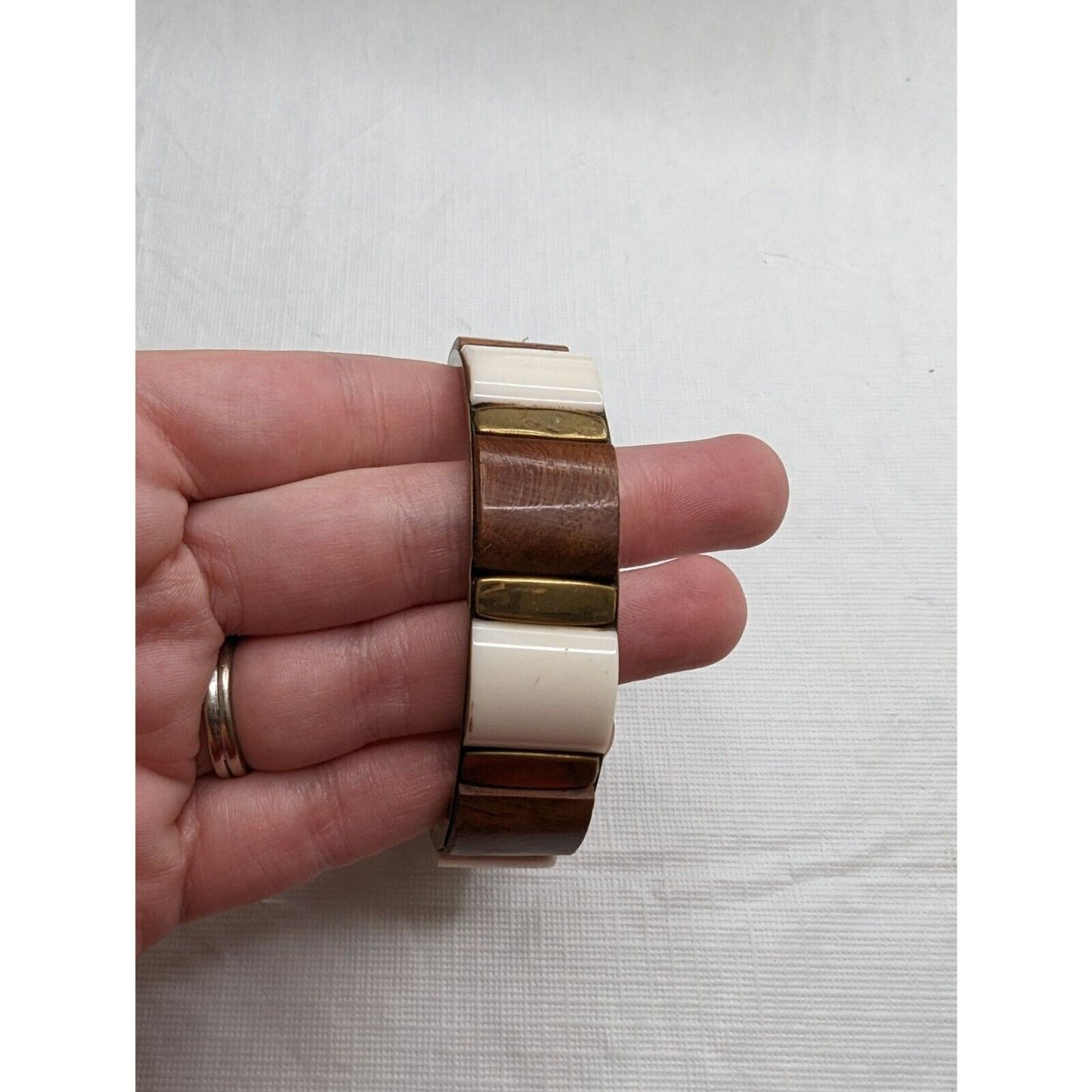 Vintage Mid Century Womens Bangle Bracelet Wood and Brass Striped