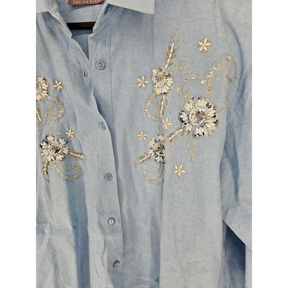 Premier Intl Ladies Womens Sz L Vintage Button Up Blouse Embellished Blue Floral