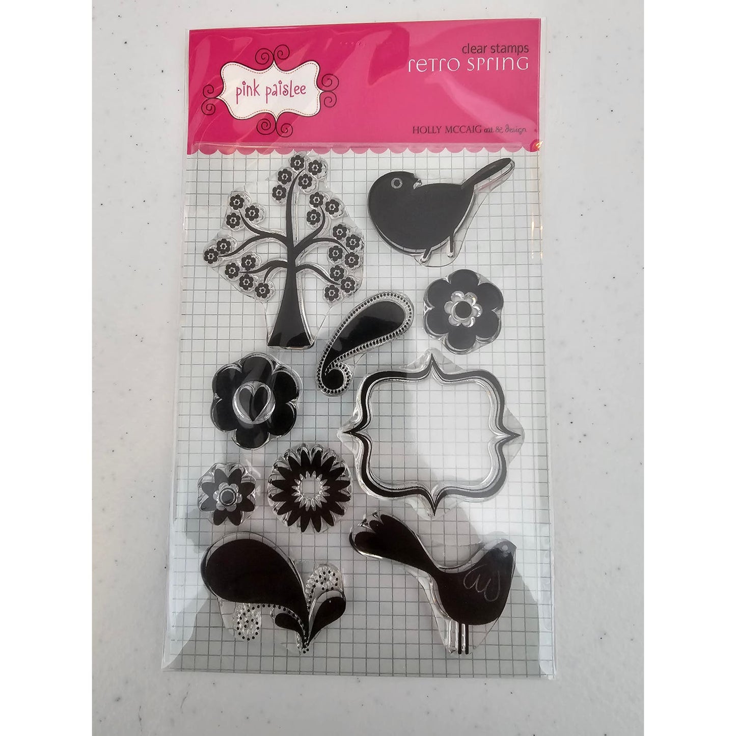 Pink Paislee Retro Spring Clear Rubber Stamp Set Birds Flowers