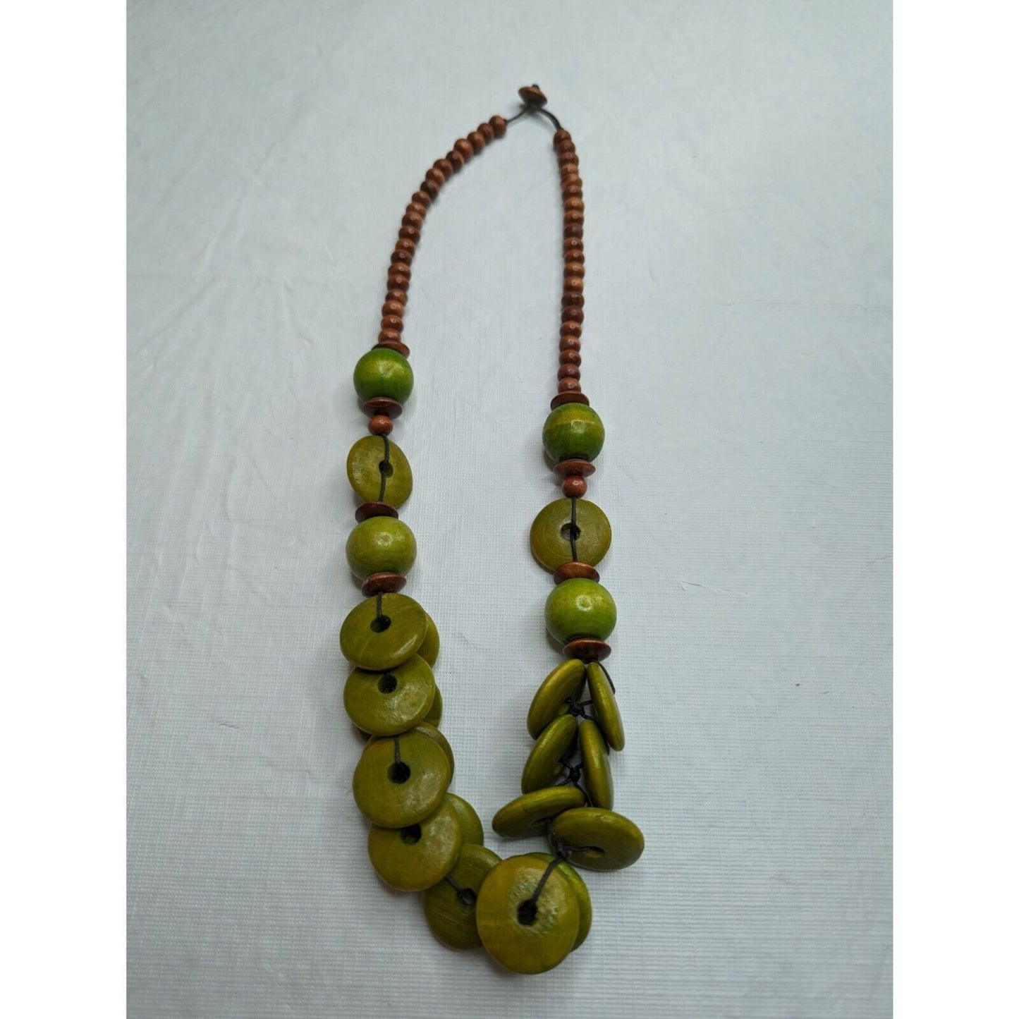 Vintage 1970s Wooden Beaded Necklace Brown and Lime Green Disk Beads