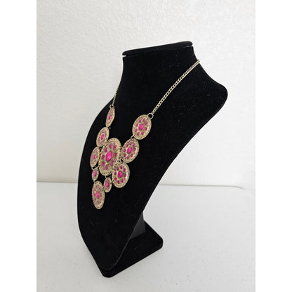 Vinatge Mid Century Medallion Bib Style Necklace Gold and Pink