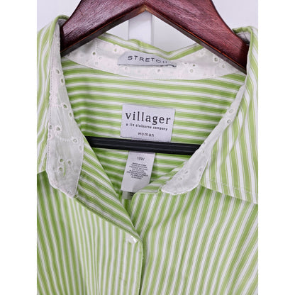 Liz Claiborne Villager Womens 18W Long Sleeve Button Up Top Lime Green Striped