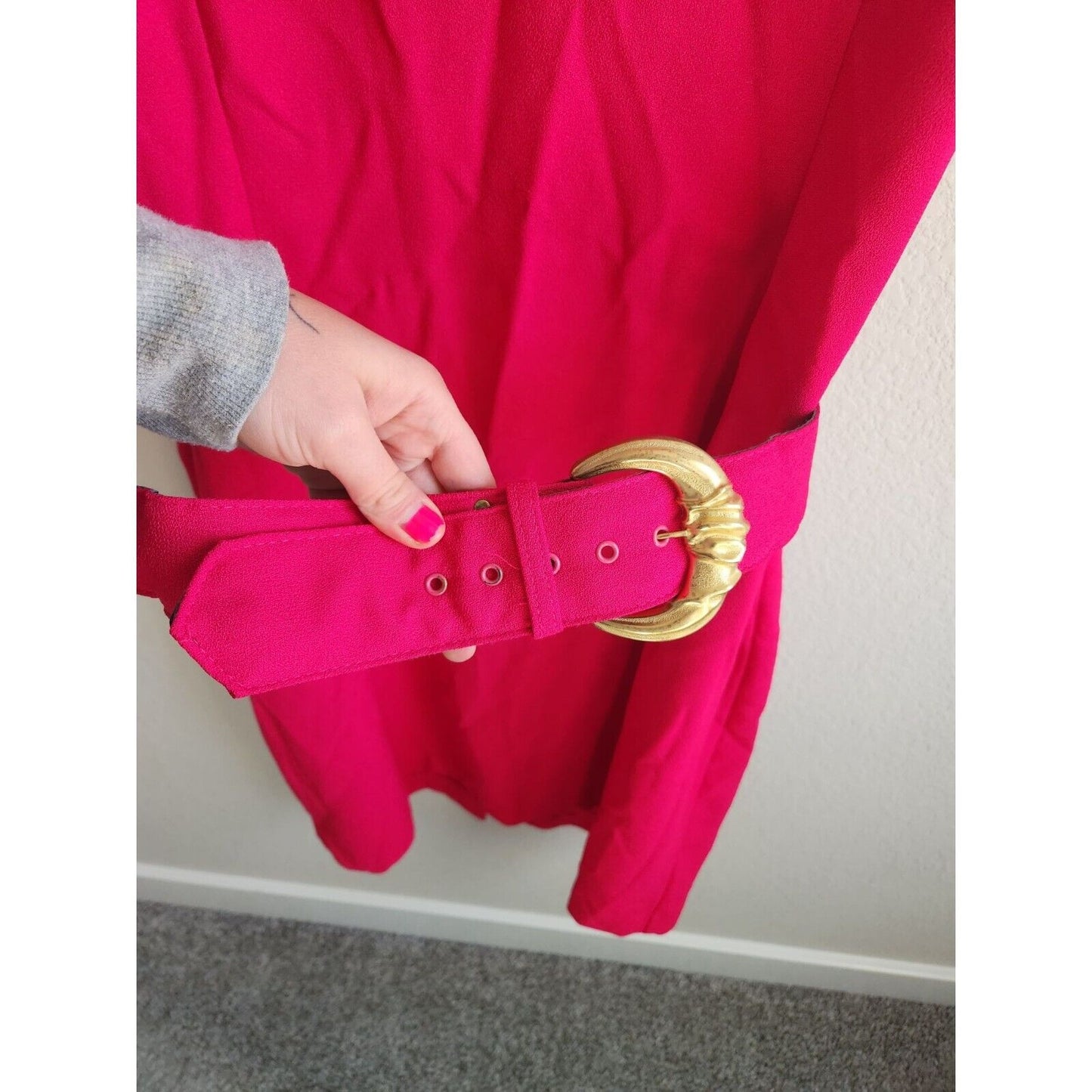 Vintage 1980s Womens Sz 16 Knee Length Belted Dress Hot Pink Sleeveless