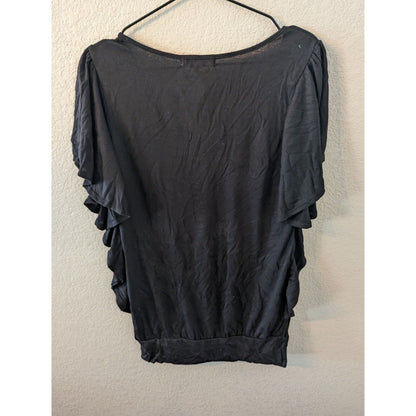 Vintage Y2K Energie Womens Sz L Solid Black Flutter Sleeve Blouse NEW