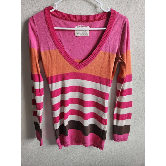 Aeropostale Womens Sz M Deep V Neck Pullover Sweater Pink Striped Y2K