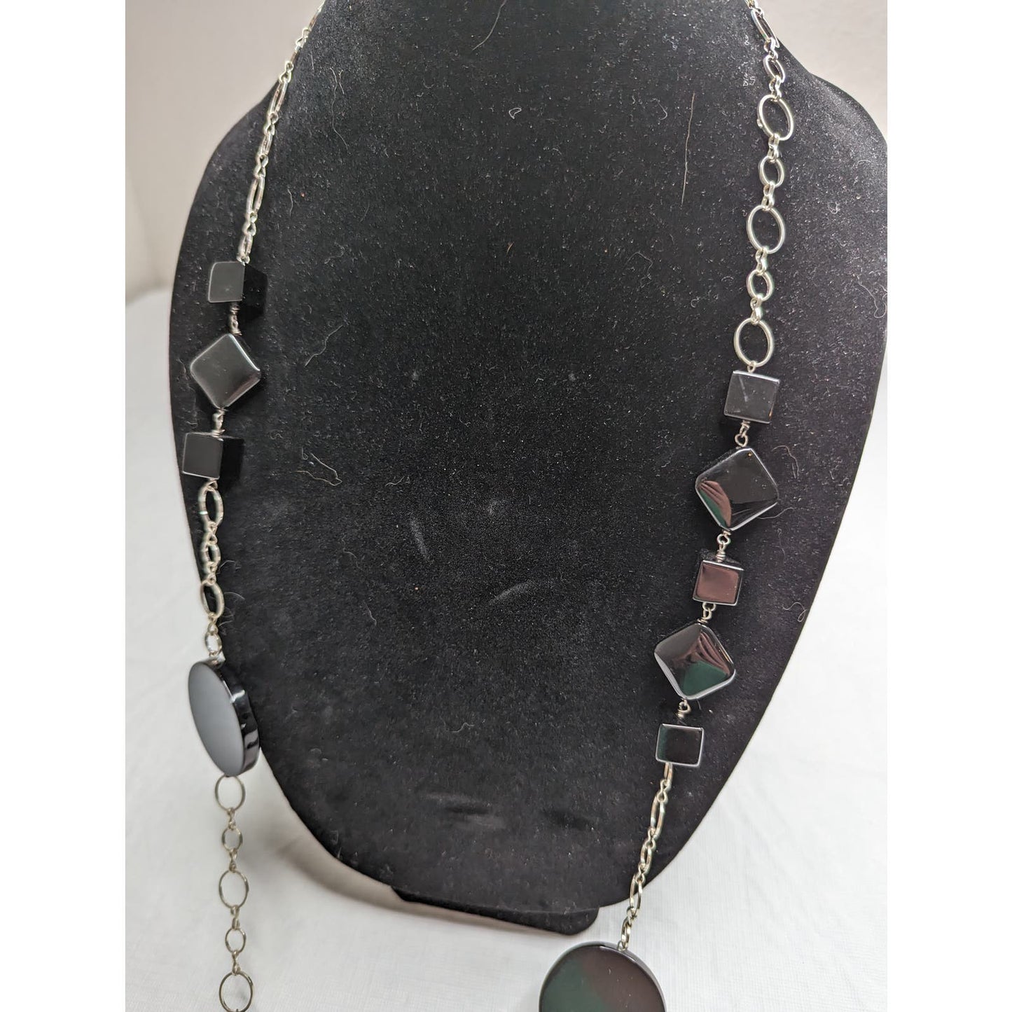 Vintage 1990s Geometric Single Strand Long Necklace Black and Silver