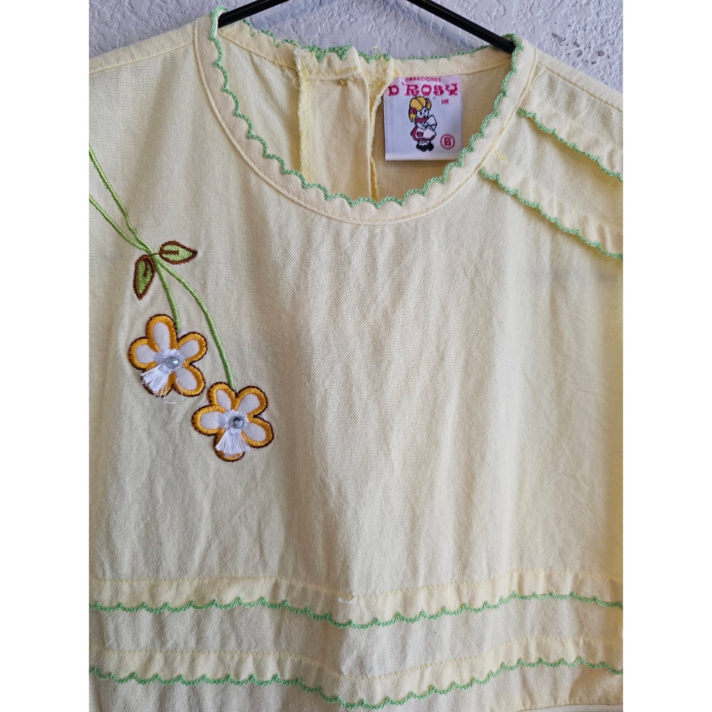 Vintage D Rosy Girls Sz 6 Light Yellow Cotton embroidered Dress Floral
