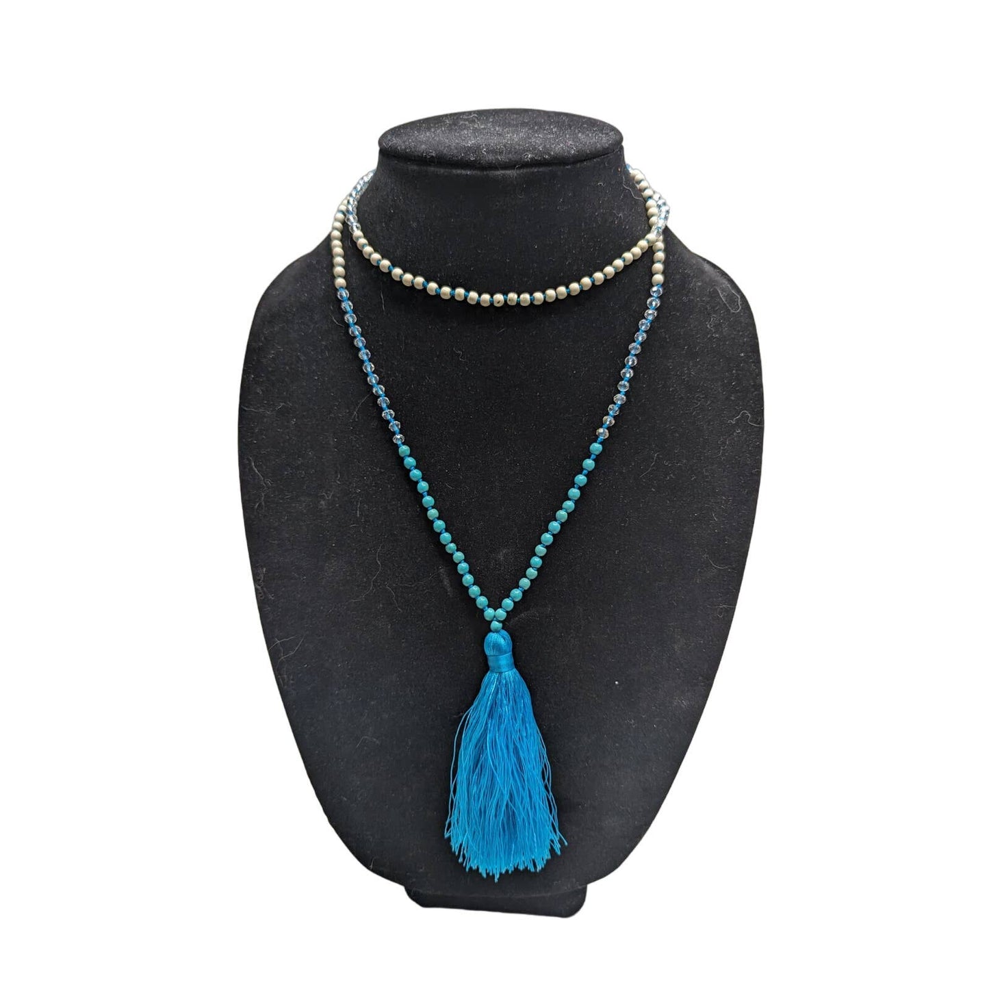 Vintage Turquoise Blue Tassel Single Strand Glass Beaded Boho Necklace