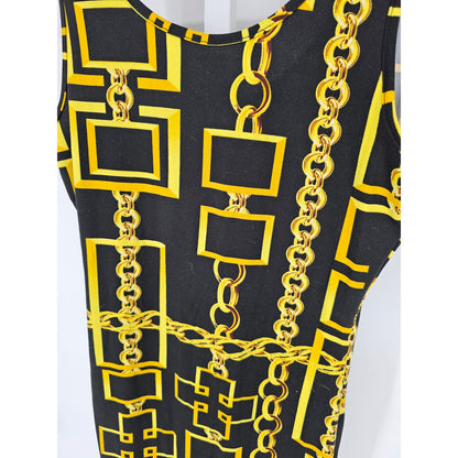 Absolutely It Womens Sz S Knee Length Fitted Dress Black Gold Chain Print