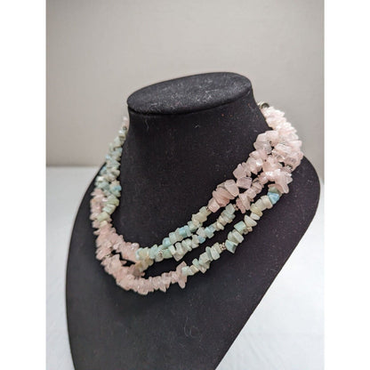 Vintage Multi Strand Natural Stone Beaded Necklace Light Pink and Blue