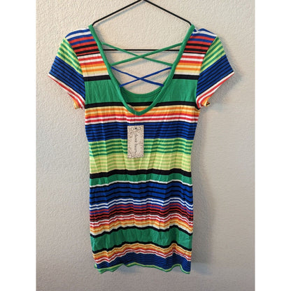 Derek Heart Womens Sz M Mini Dress Rainbow Striped Short sleeve NEW