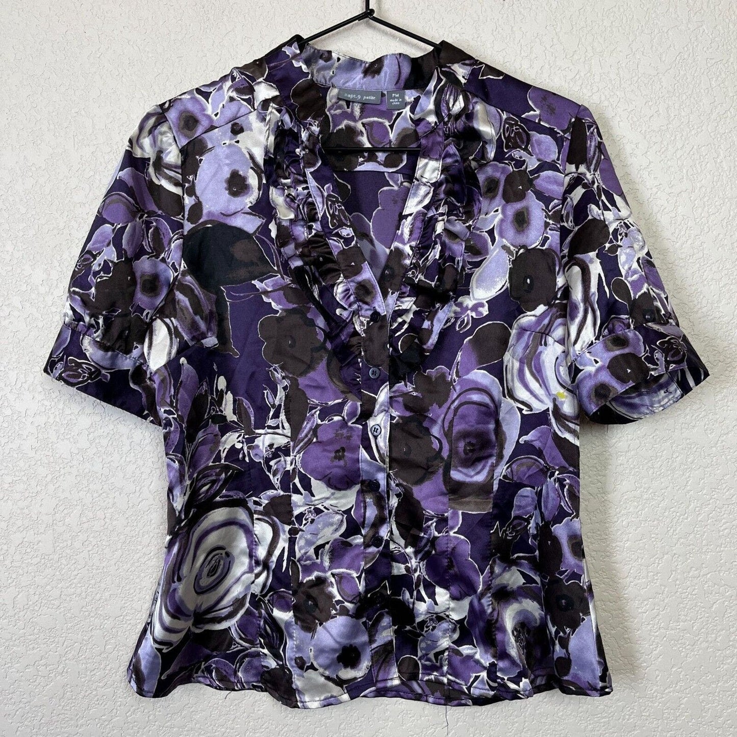 Apt 9 Petite PM Button Down Satin Blouse Purple Black Floral Short Sleeve