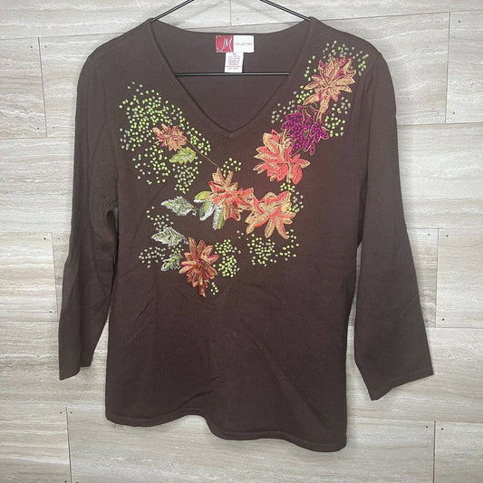 JM Collection Womens Sz M V Neck Brown Long Sleeve Blouse Embroidered Floral