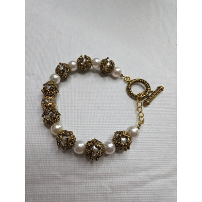 Vintage Gold Tone and Pearl Beaded Bracelet Mid Century