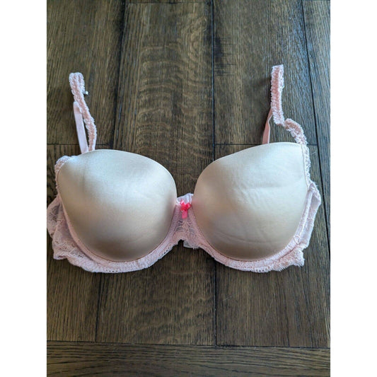 Pink by Victorias Secret Womens Sz 36D Padded Push Up Bra Beige w/ Pink Trim