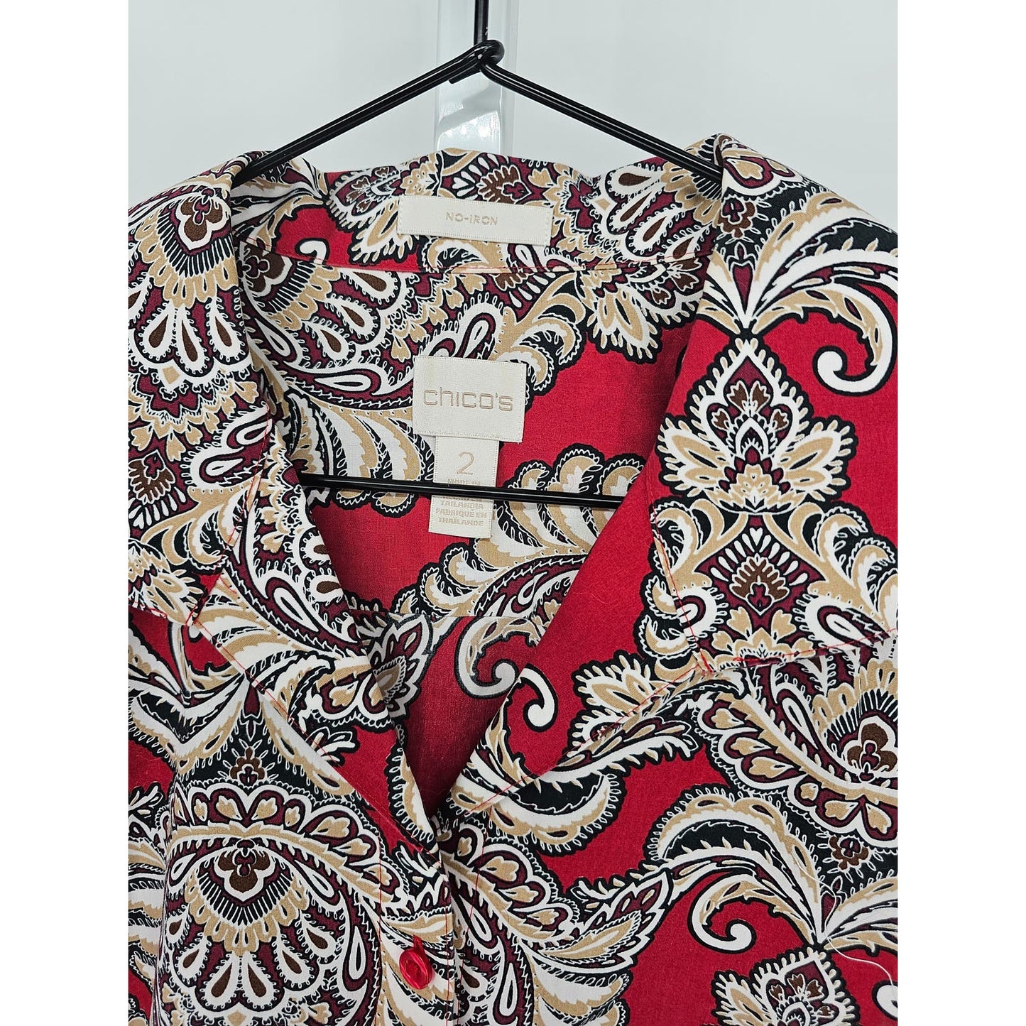 Chicos Womens Sz 2 (XXL) Long Sleeve Button Up Shirt Red Paisley Print No Iron