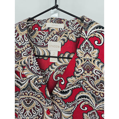 Chicos Womens Sz 2 (XXL) Long Sleeve Button Up Shirt Red Paisley Print No Iron