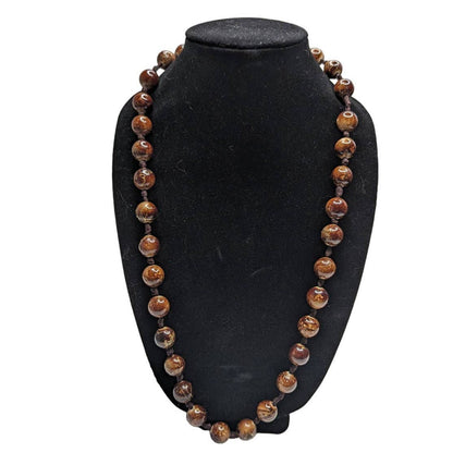 Vintage Womens Tigers Eye Wooden Bead Chunky Statement Necklace Brown