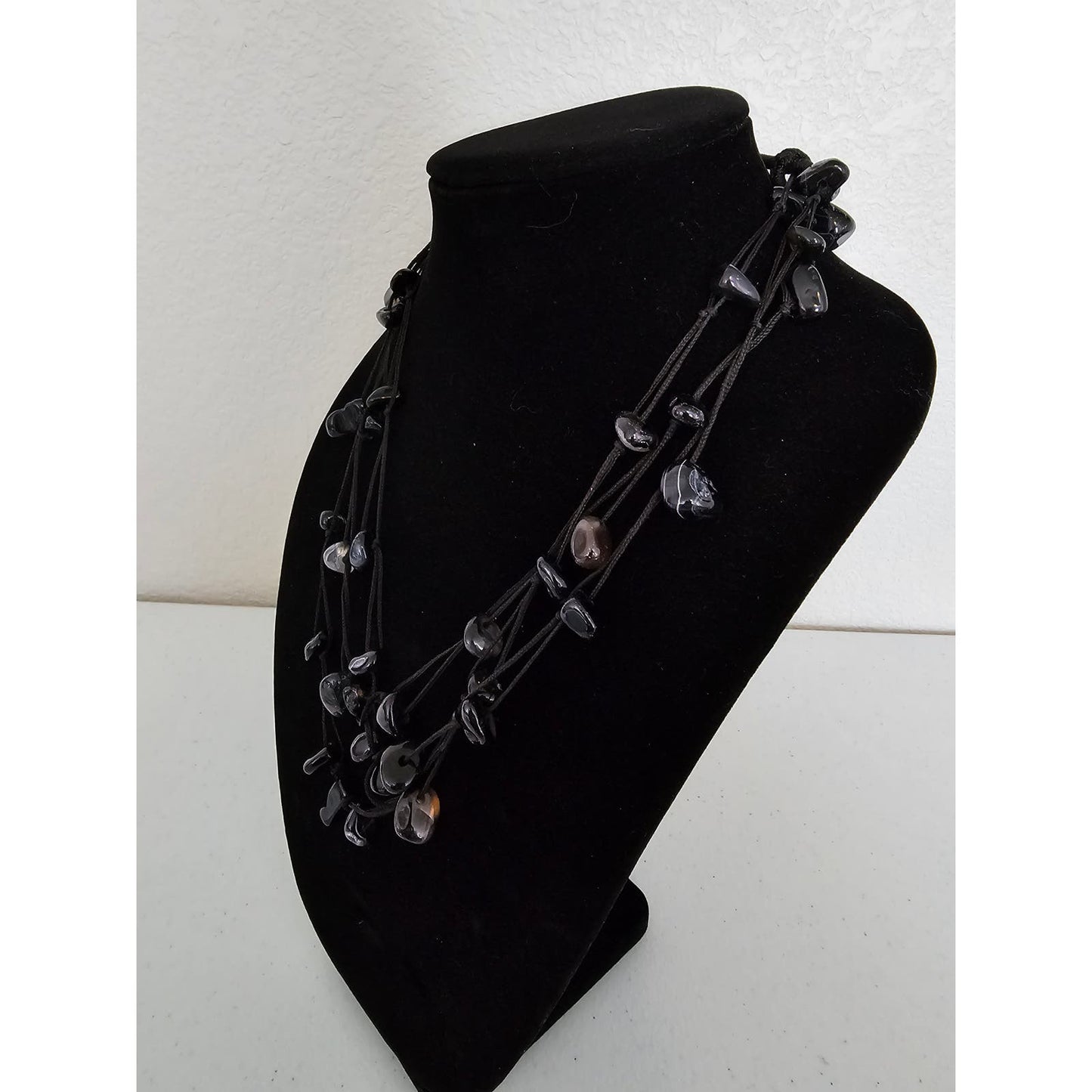 Vintage 1990s Multi Strand Rope Style Necklace w/ Black Polished Stones