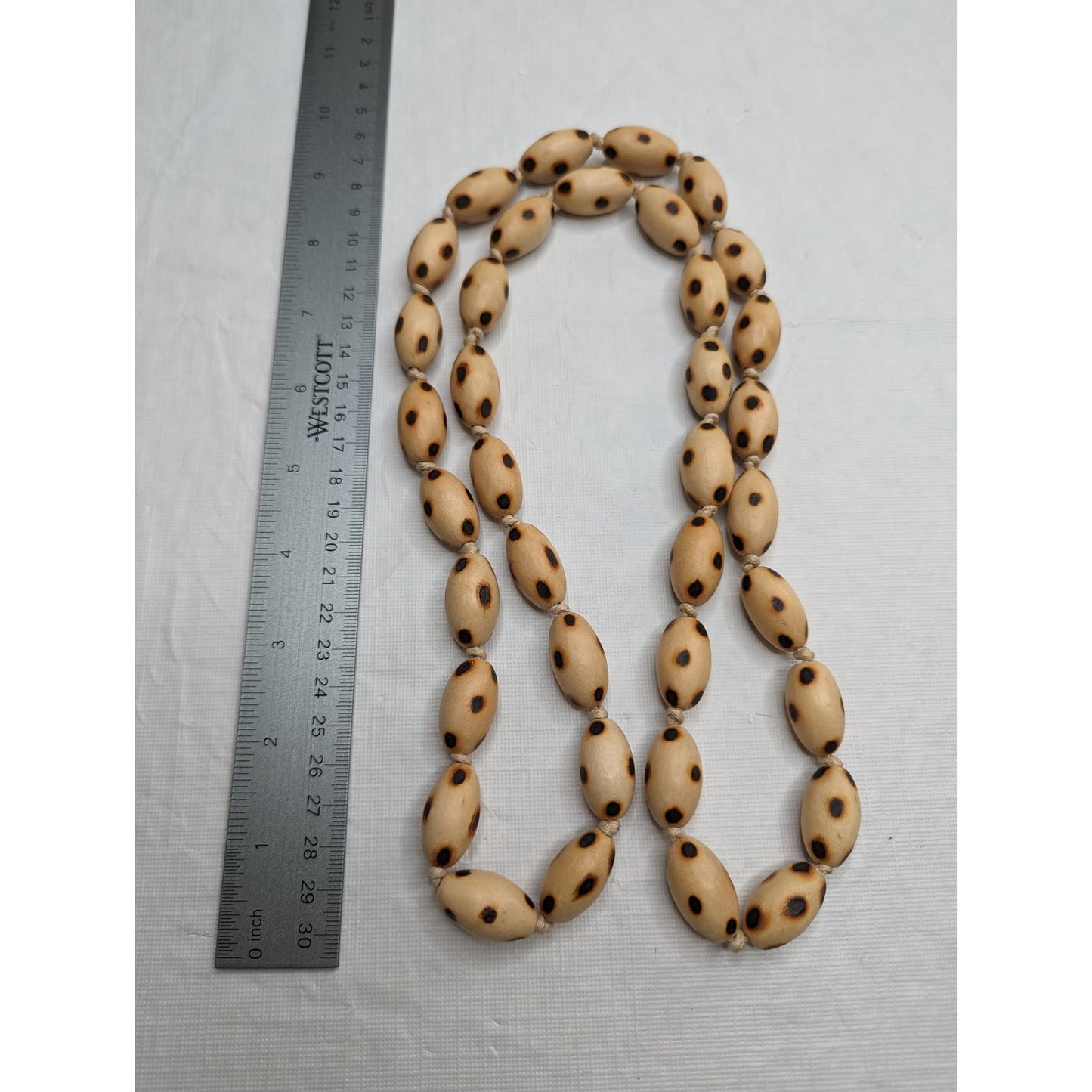 Vintage Mid Century Light Beige Oval Wooden Beaded Necklace Single Strand