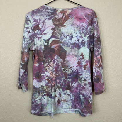 Emma & James Womens Sz L V Neck Purple Floral Blouse T Shirt