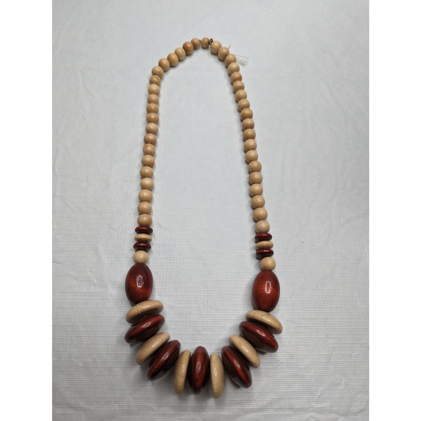 Vintage Mid Century Single Strand Wooden Bead Necklace Cream and Red