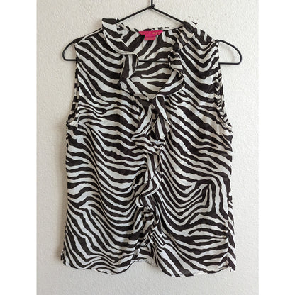 Sunny Leigh Womens Sz M Ruffled Front Sleeveless Blouse Zebra Print