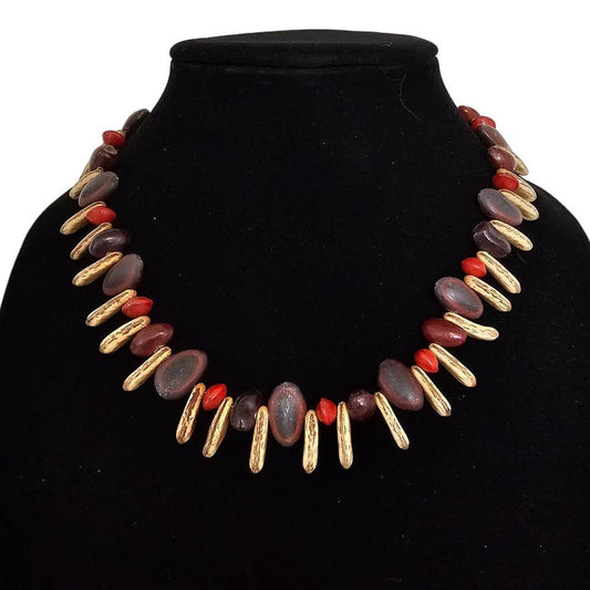 Vintage Mid Century 1960s Womens Single Strand Wooden Beaded Necklace Red Brown